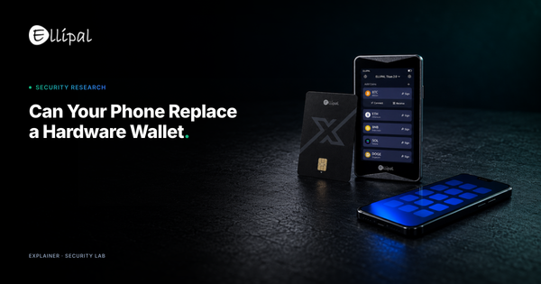 A phone with a glowing screen lies on a dark desk, apart from an ELLIPAL Titan 2.0 and an ELLIPAL X Card standing behind it
