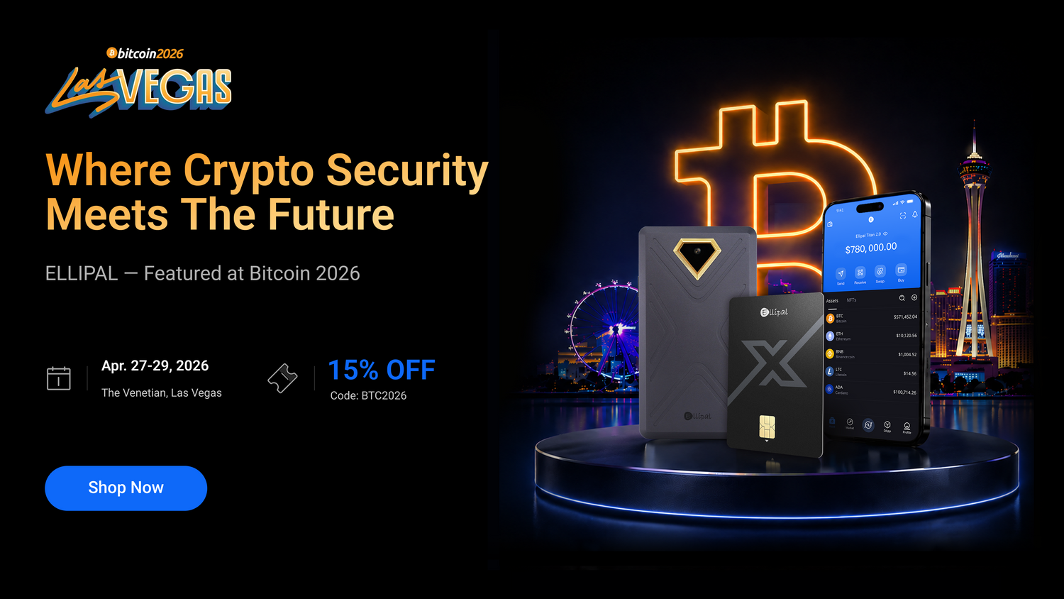 ELLIPAL cold wallet Titan 2.0 and X Card at Bitcoin 2026 Las Vegas — secure crypto with air-gapped technology