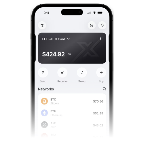 ELLIPAL App Assets screen showing BTC, ETH, BNB and LTC balances