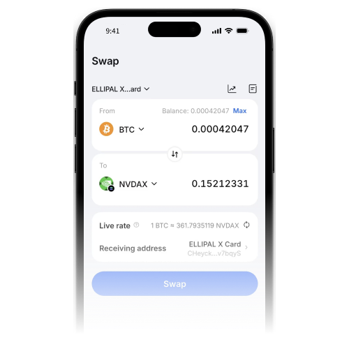 ELLIPAL App Swap screen exchanging USDT for DOGE
