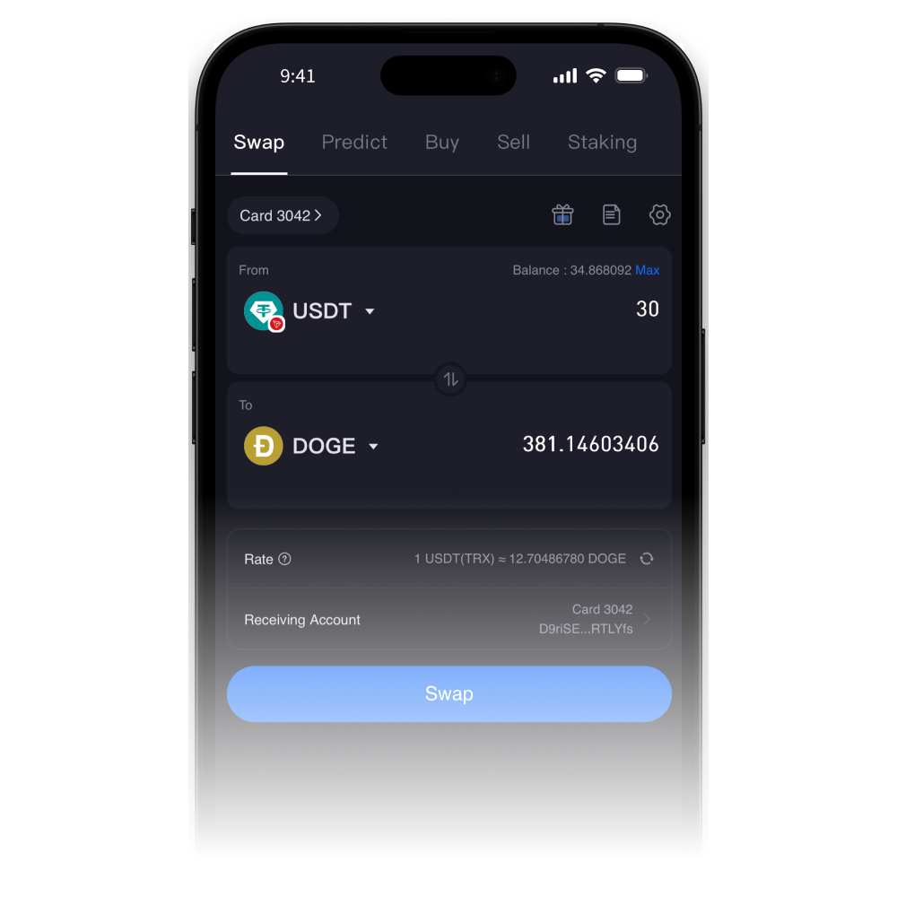 ELLIPAL App Swap screen exchanging USDT for DOGE