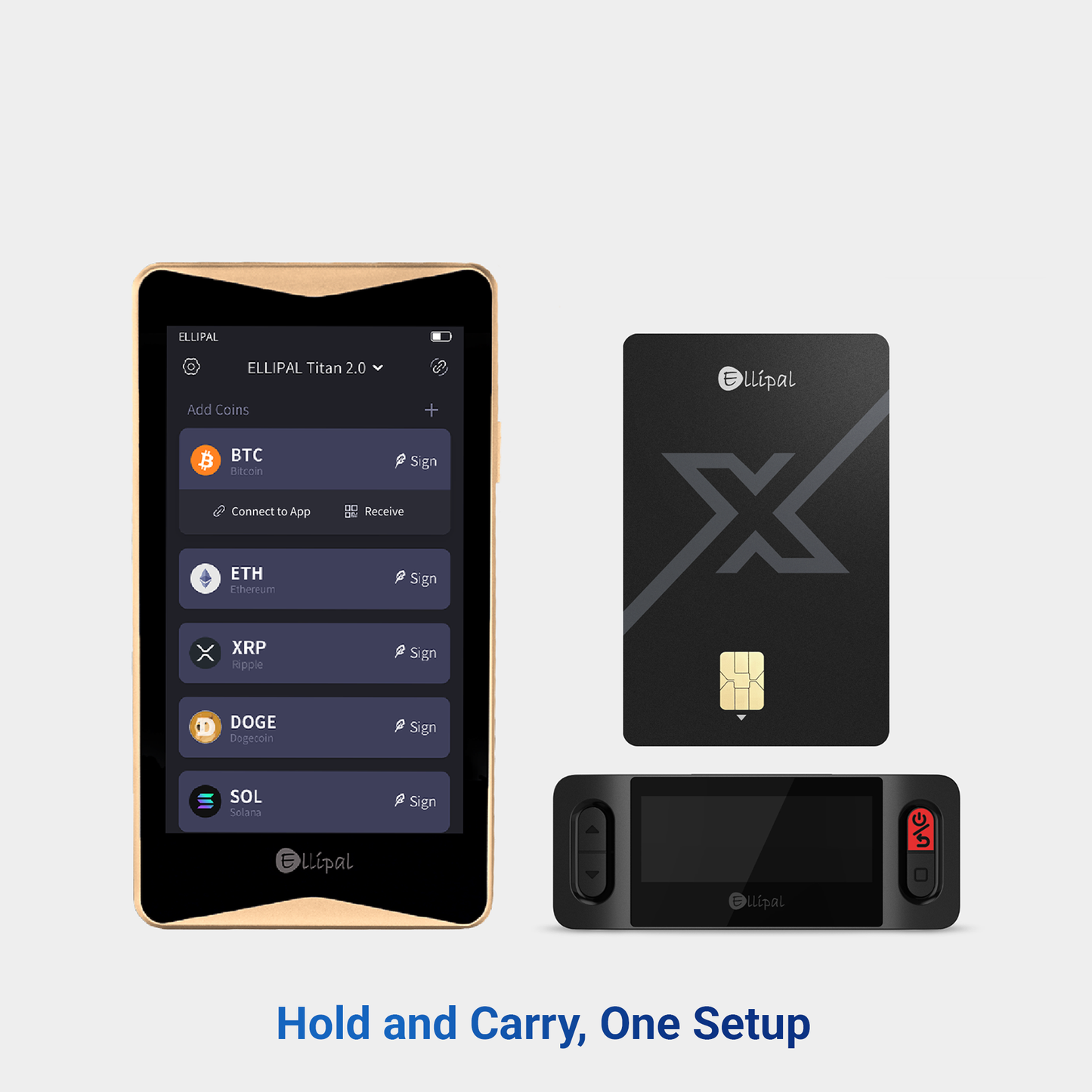 ELLIPAL Titan 2.0 in Gold shown with the ELLIPAL X Card