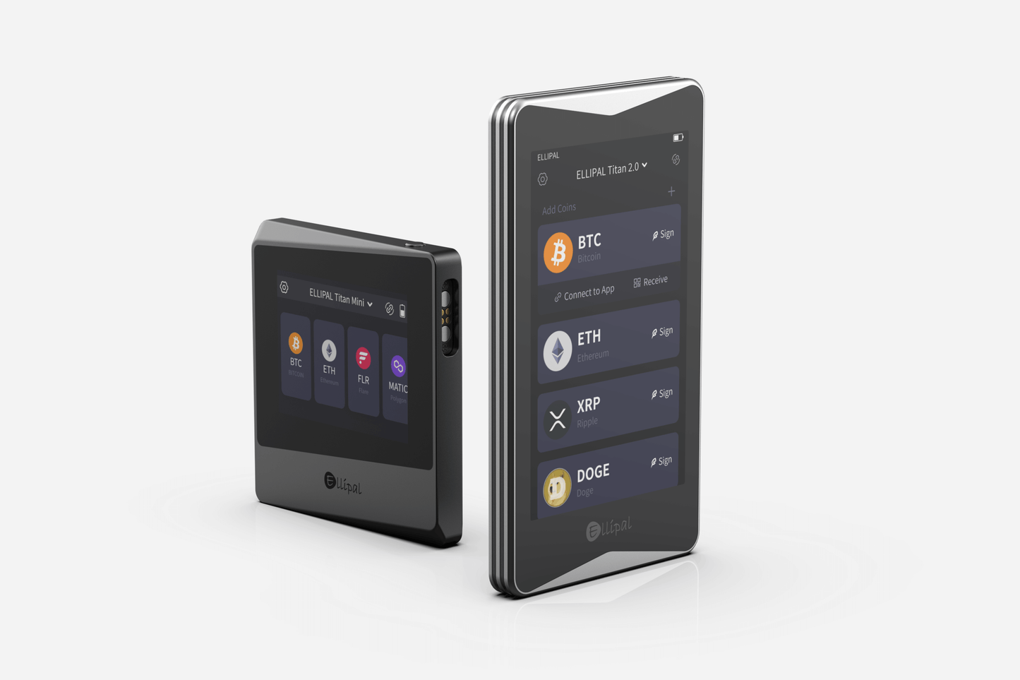 ELLIPAL Titan 2.0 crypto wallet displaying BTC, ETH, XRP, and DOGE