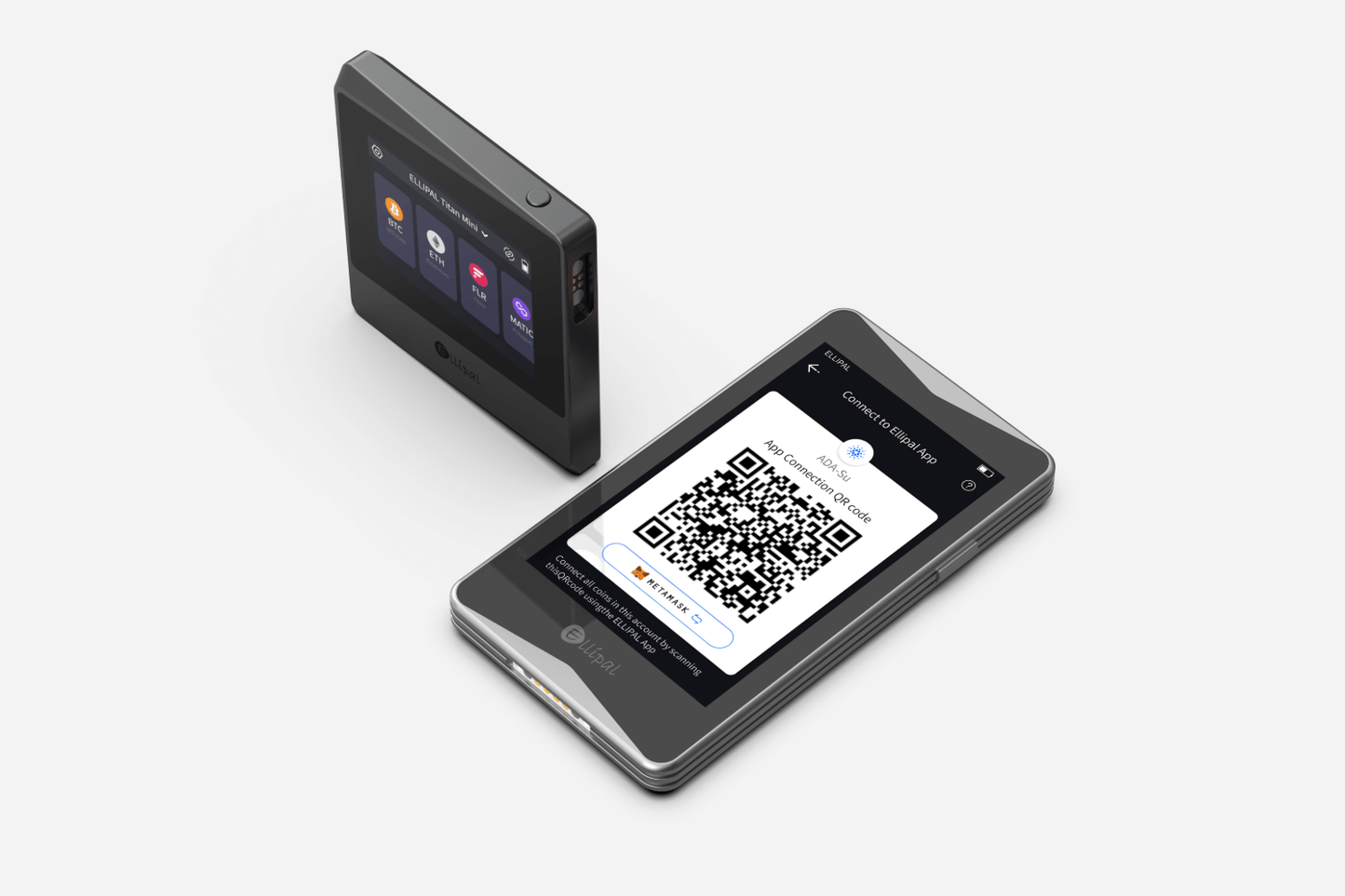 ELLIPAL Titan crypto wallet displaying QR code for app connection.