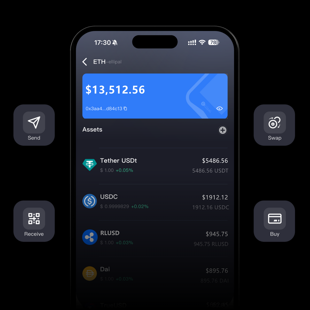 Ellipal app assets management screen showing portfolio balance and token list