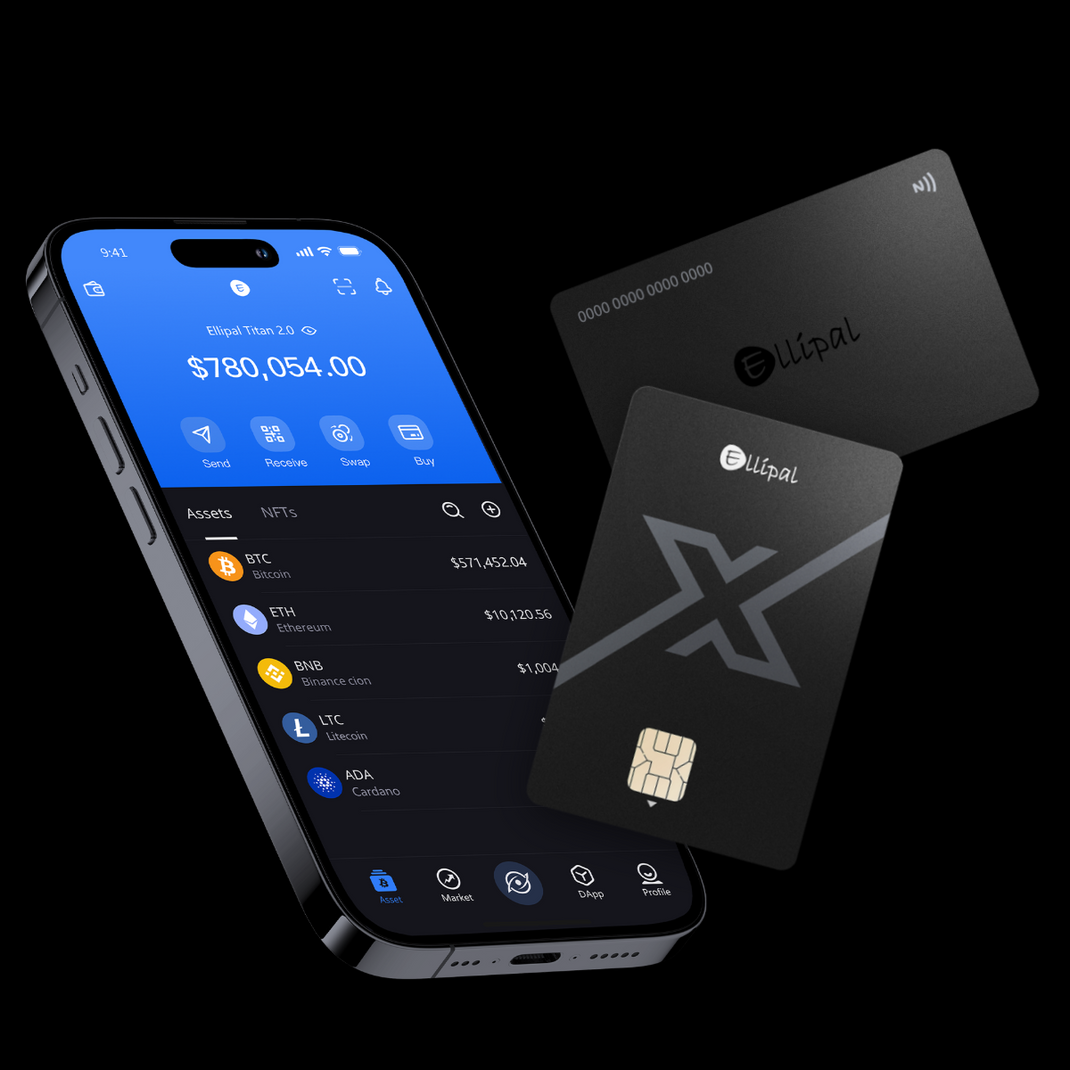 Ellipal Wallet App showing portfolio management on iPhone with Ellipal X Card — download from ellipalshop.io