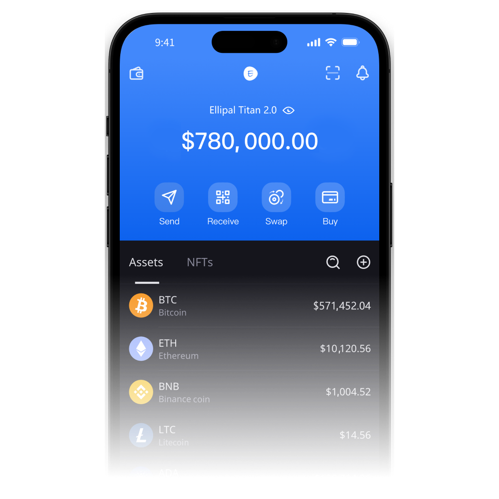 ELLIPAL App Assets screen showing BTC, ETH, BNB and LTC balances
