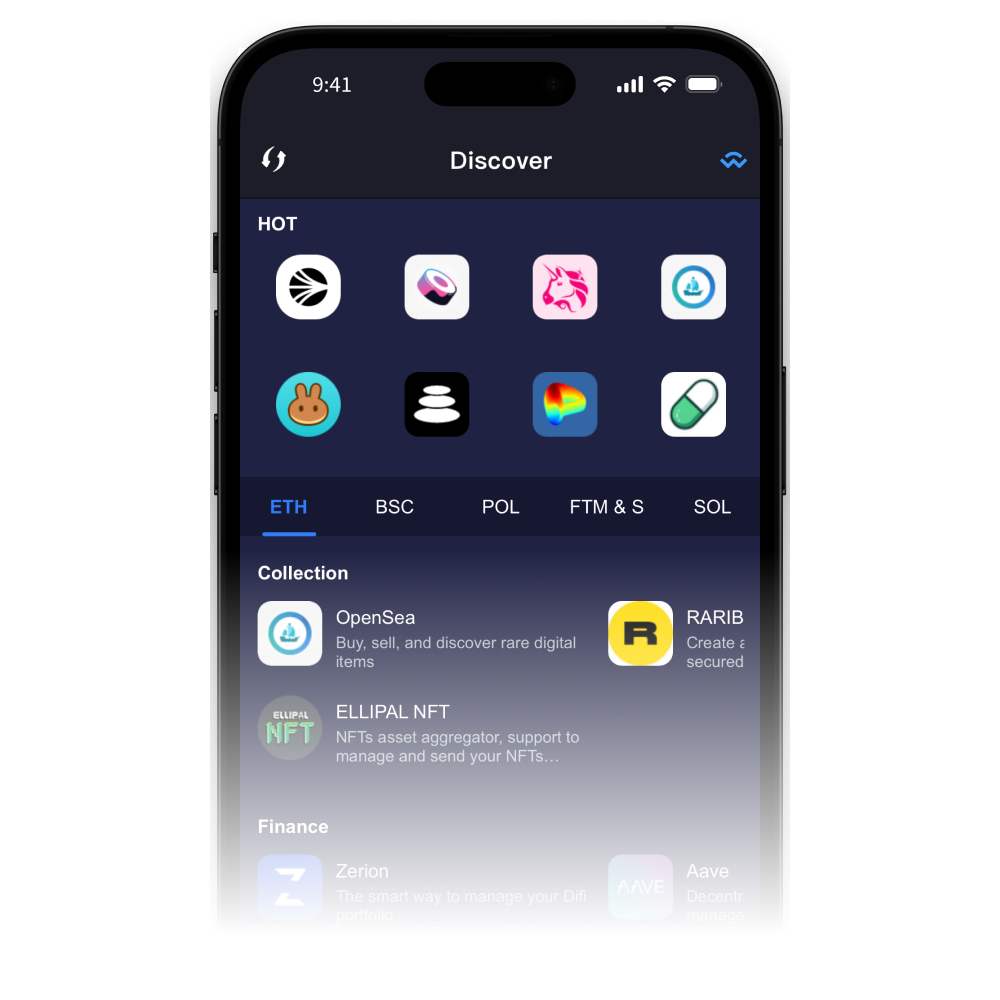 ELLIPAL App Connect dApps screen with supported dApps