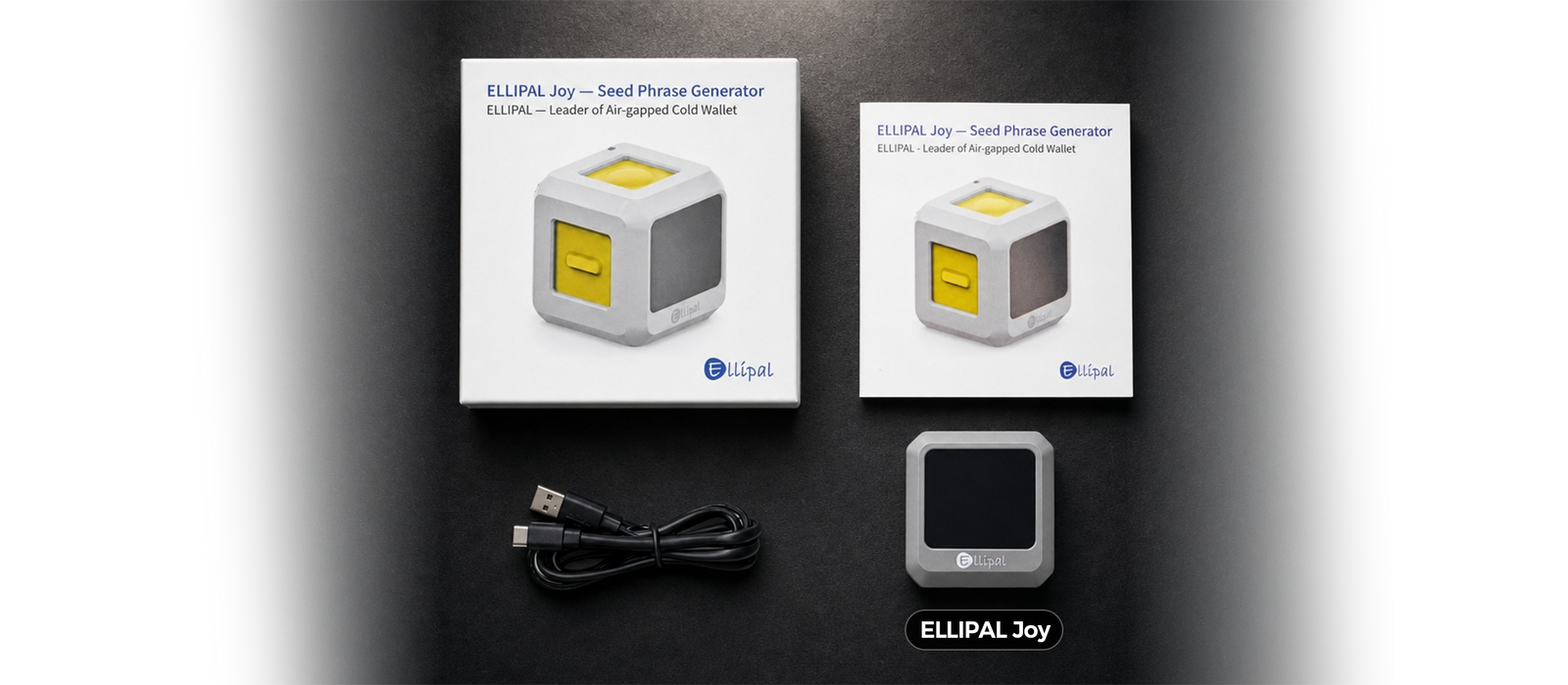 What's in the box: ELLIPAL Joy offline Seed Phrase generator, charging cord, and user manual