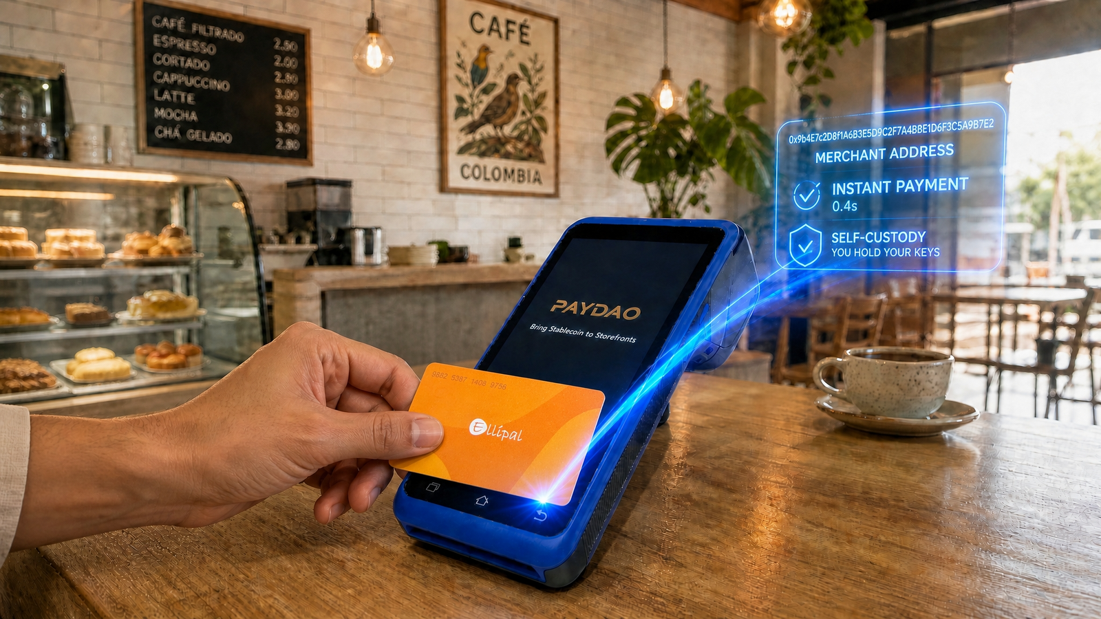 PAYDAO POS terminal accepting a card payment at a café