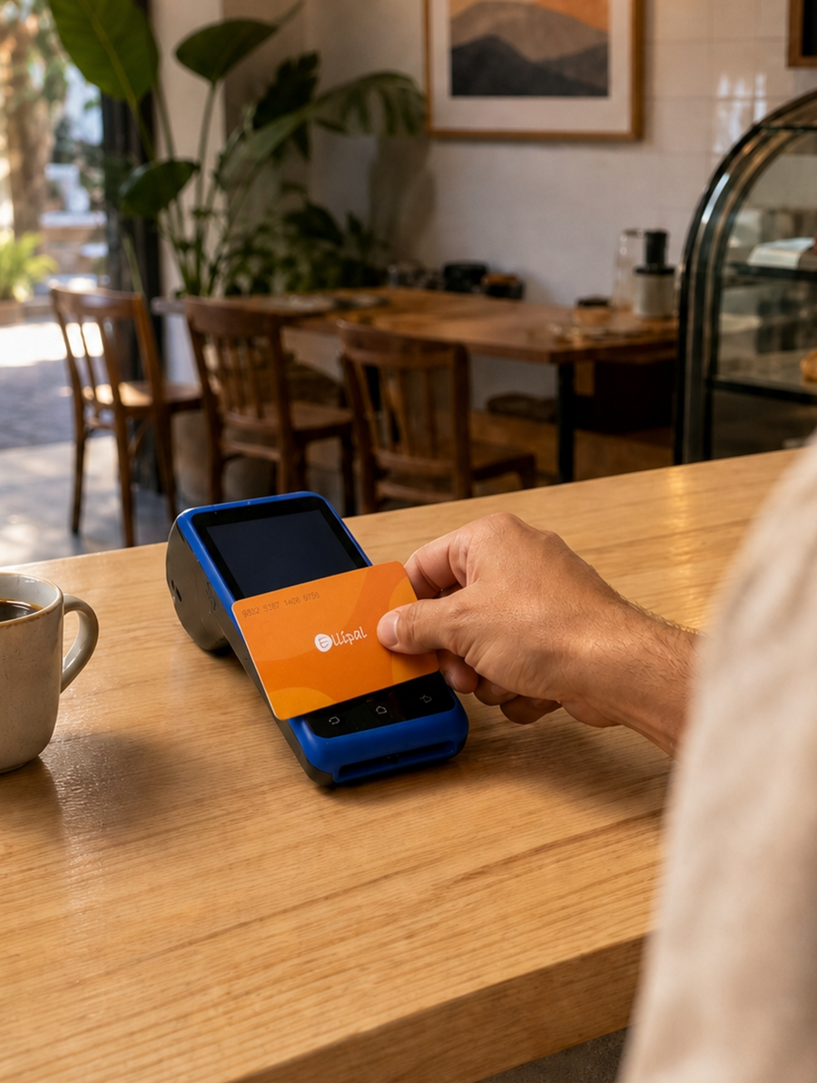 Customer tapping a card on a PAYDAO POS terminal at a café