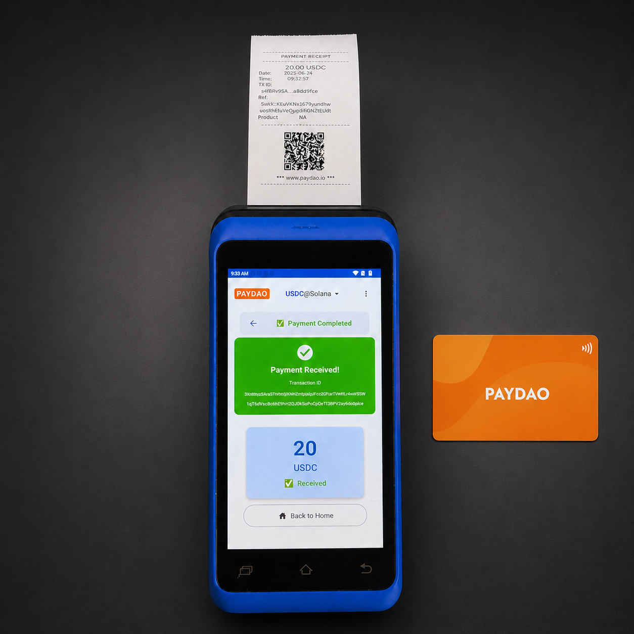 Built-in thermal printer prints a receipt the moment payment settles.