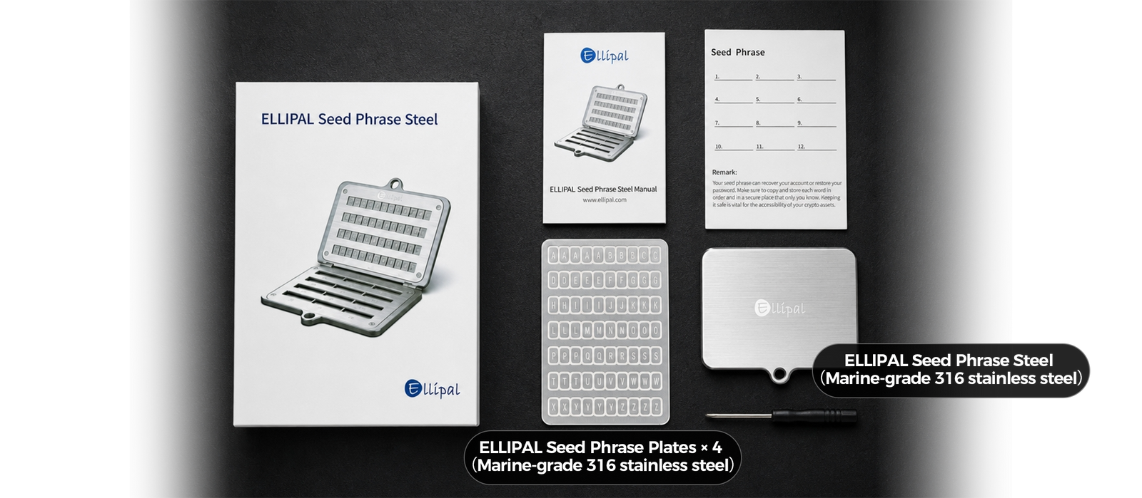 What's in the box: ELLIPAL Seed Phrase Steel, 4 steel plates, letter tiles, screwdriver, manual, and Seed Phrase card