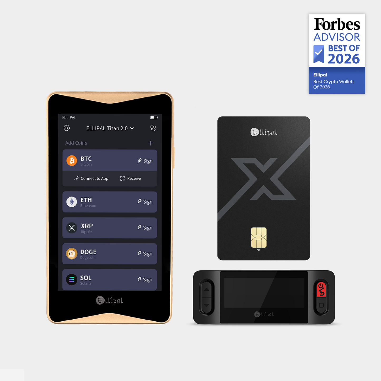 ELLIPAL Titan 2.0 in Gold shown with the ELLIPAL X Card
