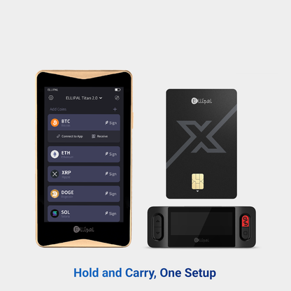 ELLIPAL Titan 2.0 in Gold shown with the ELLIPAL X Card