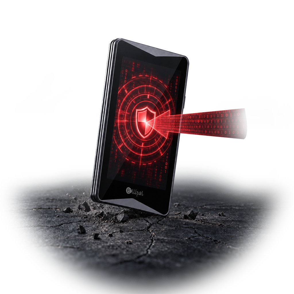 ELLIPAL Titan 2.0 with a conceptual illustration of physical tamper protection and its Self-Destruct Mechanism.