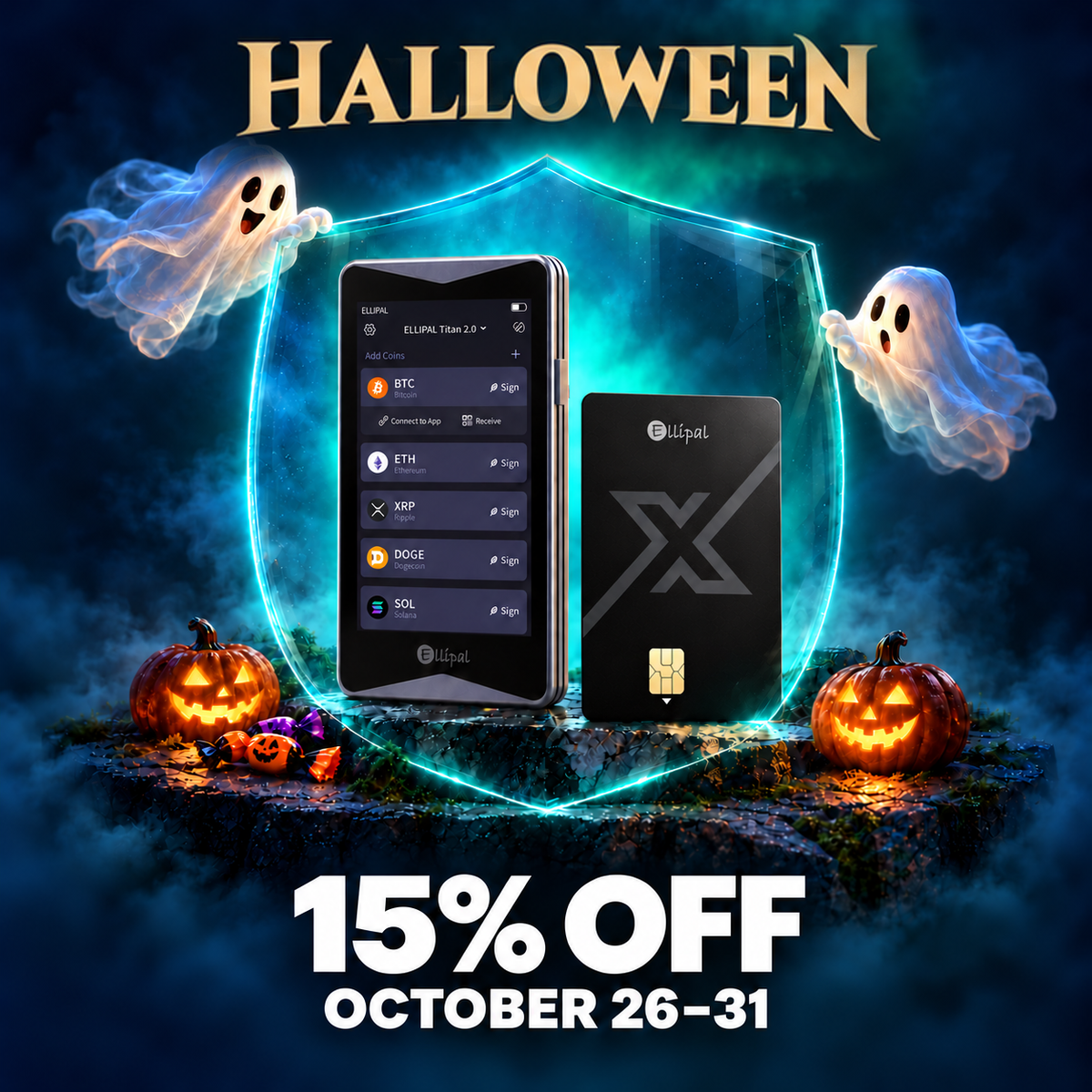 ELLIPAL Titan 2.0 air-gapped cold wallet and ELLIPAL X Card NFC cold wallet, Halloween sale: 15% off, October 26–31.