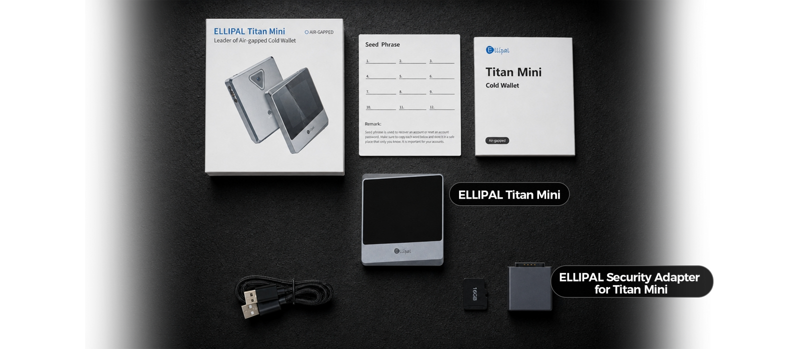 What's in the box: ELLIPAL Titan Mini, Security Adapter, 16GB microSD card, charging cord, manual, and Seed Phrase card