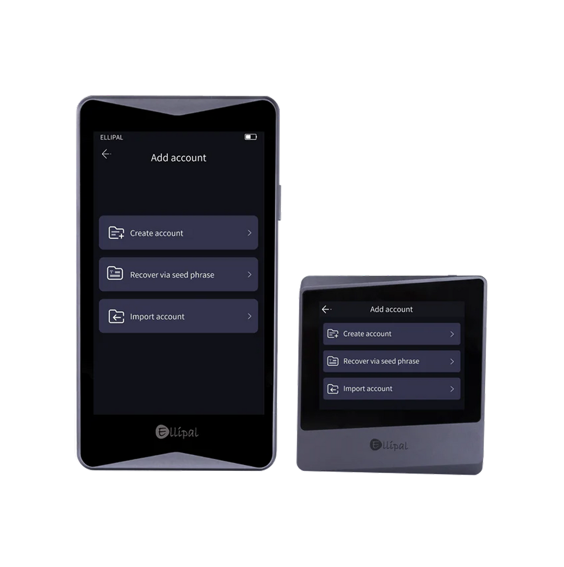 ELLIPAL Titan 2.0 and ELLIPAL Titan Mini screens for Create Wallet, Recover Wallet and Import Wallet