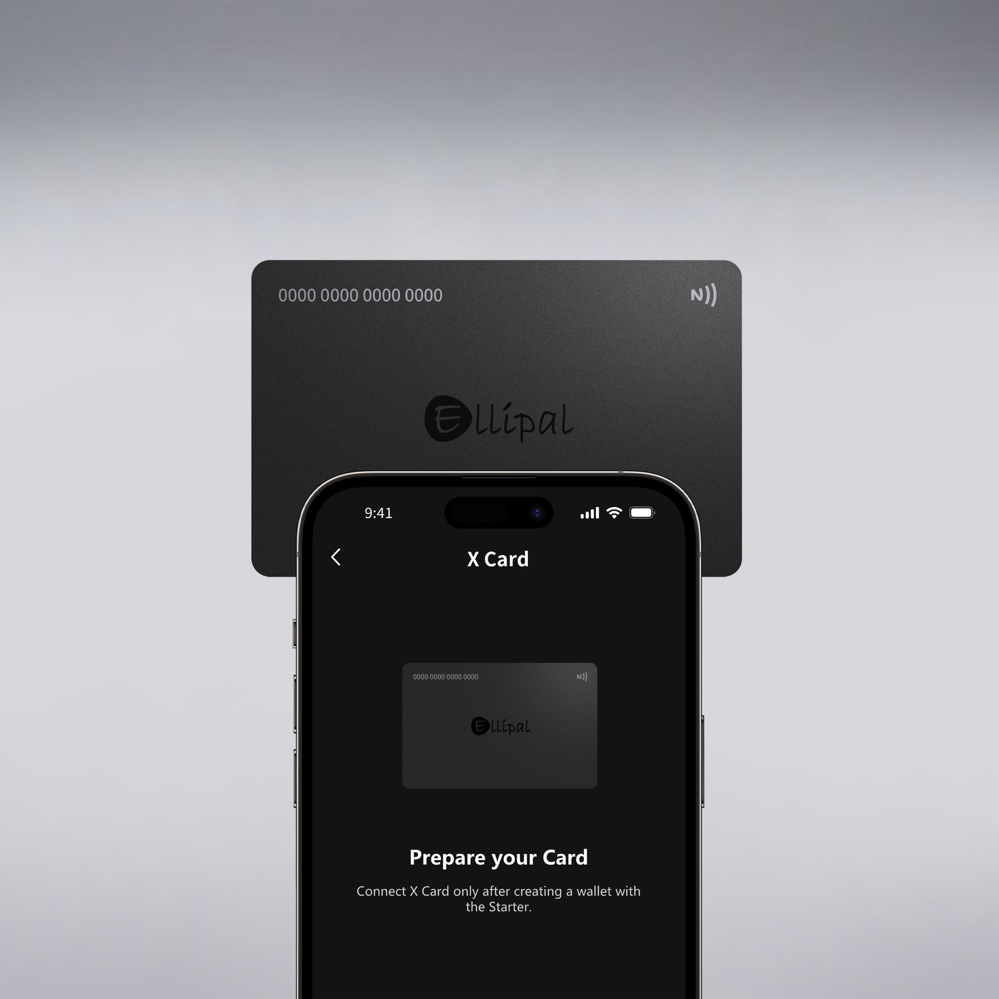 ELLIPAL X Card Duo (Backup) with Starter and mobile app setup screen for preparing the NFC card wallet