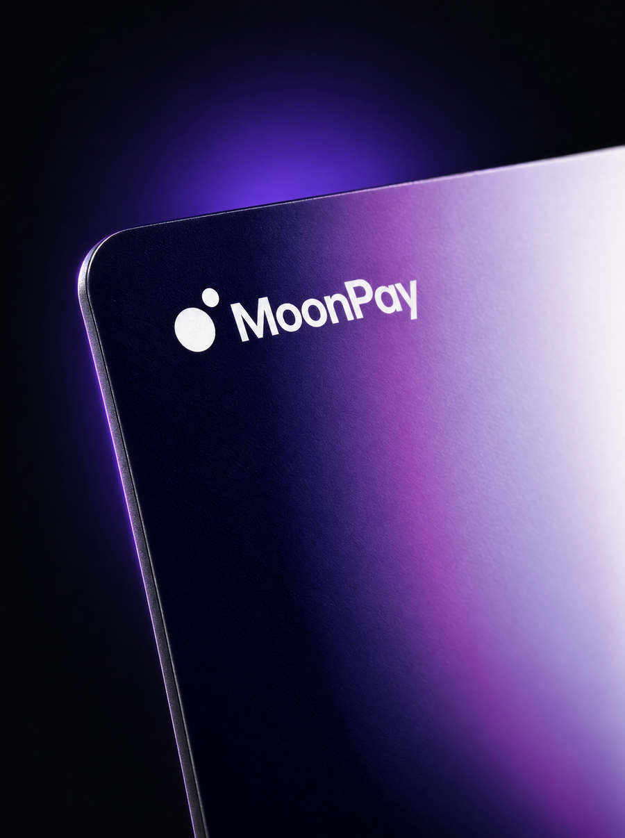 Front view of the ELLIPAL X Card MoonPay Edition NFC cold wallet featuring a black card design and purple geometric artwork.