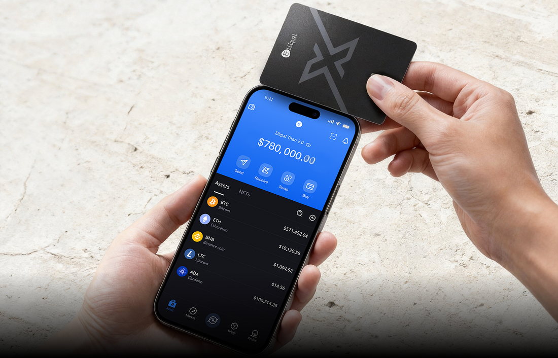 Tapping the ELLIPAL X Card to a phone to sign, coffee in hand
