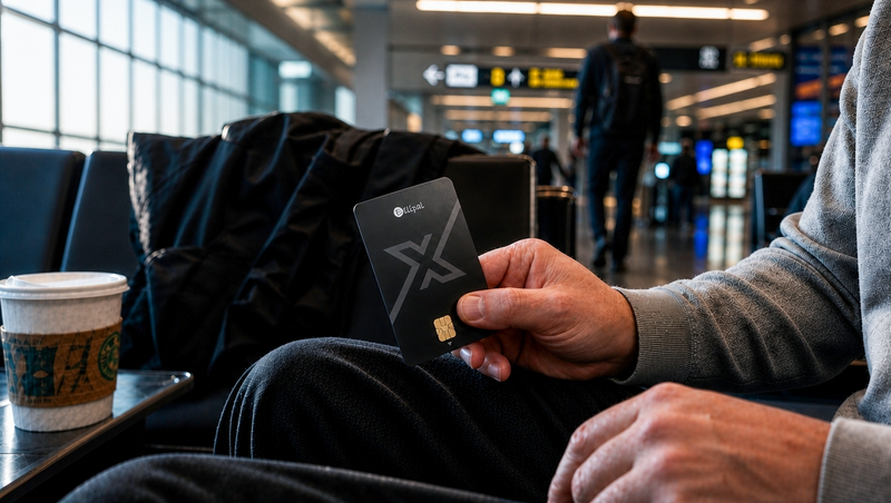 Close-up of the ELLIPAL X Card being tapped to the back of a phone
